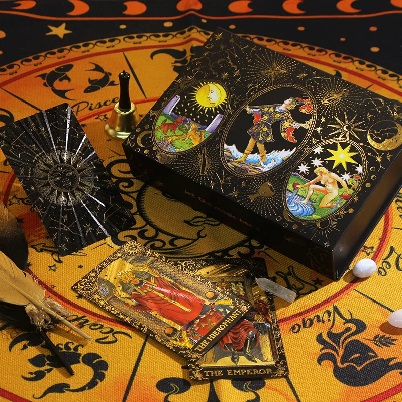 Deluxe Board Game Set with Waterproof Gold Foil Tarot Cards in Feather Black and Gold Box Classic Waite Beginner Professional