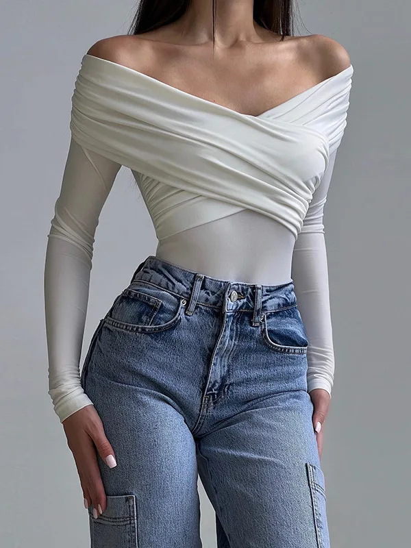 

Sexy One-Shoulder Long Sleeve High-Waisted Bodycon White Romper with Cross Pleats for Women Elegant Simple Design Summer 2026