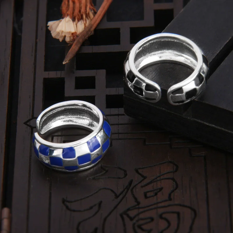 S925 sterling silver ring with black and white checkerboard pattern  Design for Light Luxury  Fashion personality  Couples