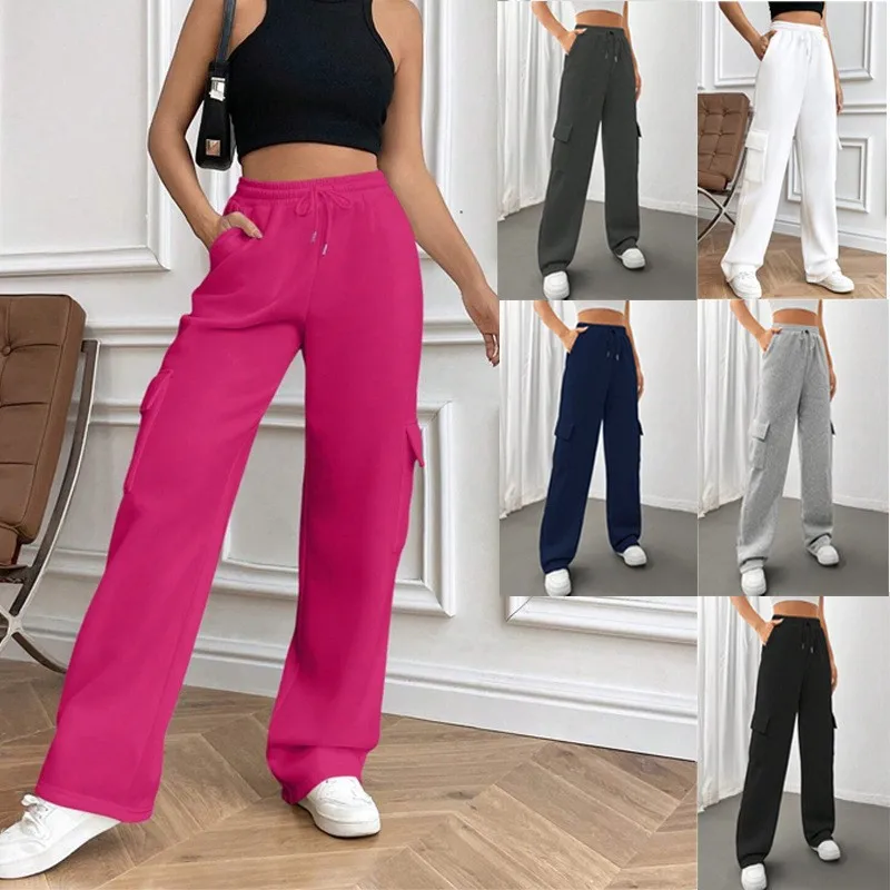 

Women's Clothing Pants High Waisted Loose Fit Trousers Casual Straight Wide Leg Pants Pink Drawstring Waist Gray Black Pants