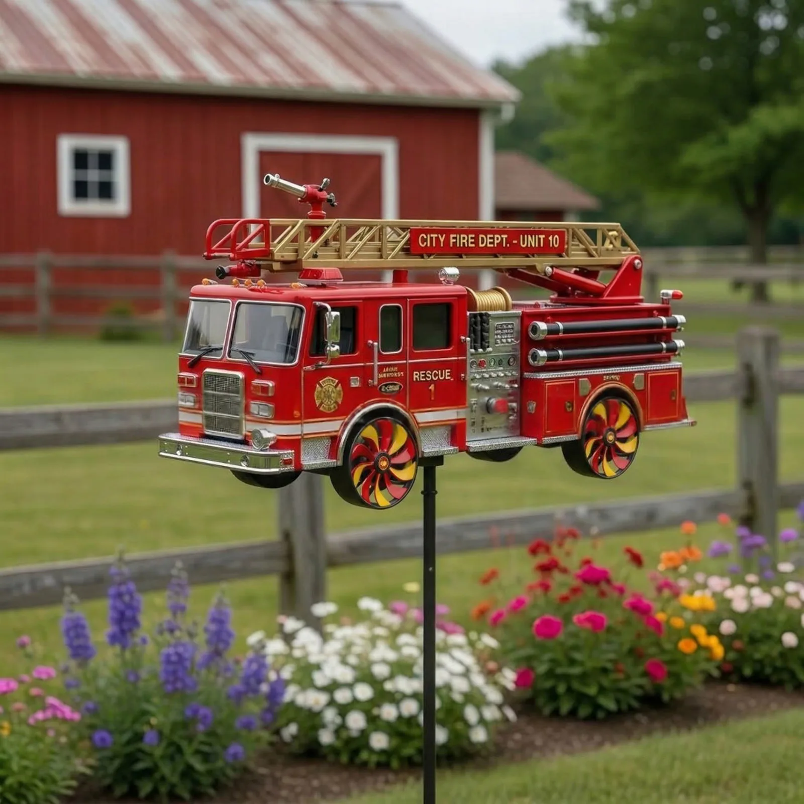 Garten-Windmühle aus Metall in Feuerwehrauto-Form, Outdoor-Bodeneinsatz-Dekoration, Kleine Metall-Windmühle