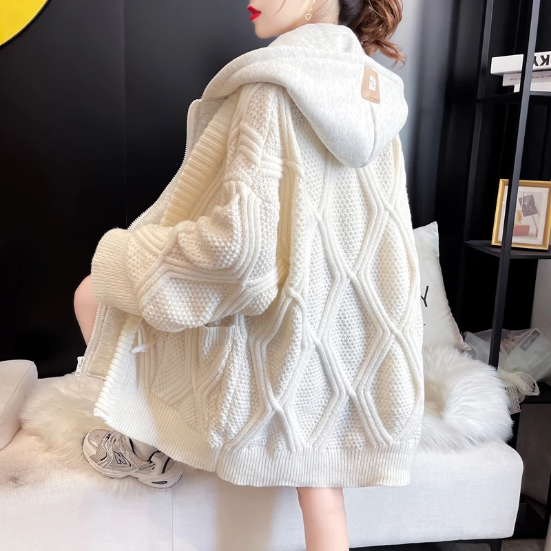 Autumn Winter Thicke Cardigan Sweater Jacket Women Outwear 2024 New Fashion Hooded Stitching Fake Two-Piece Knitted Coat Female