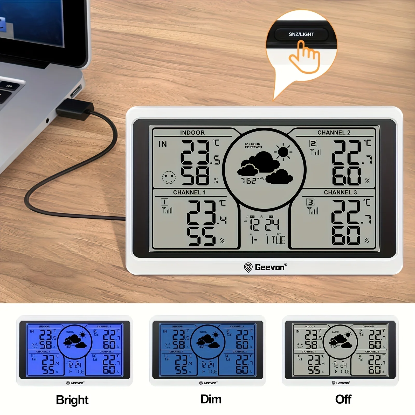 Geevon termometro per interni ed esterni Wireless con 3 sensori remoti, stazione meteorologica con ampio Display LCD e adesivi per etichette fai da