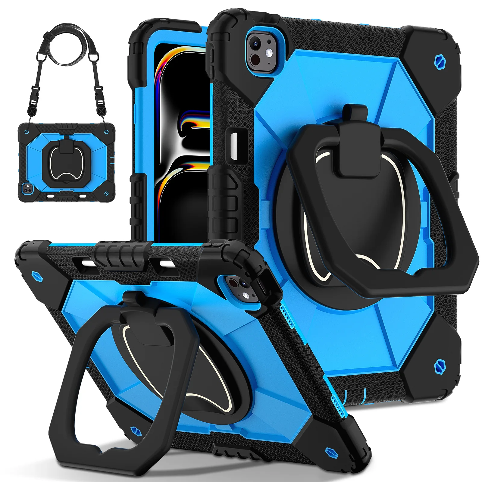 360 Rotating Kickstand Case For iPad Pro 13 2024 M4 Heavy Duty Cover With Shoulder Strap Shockproof