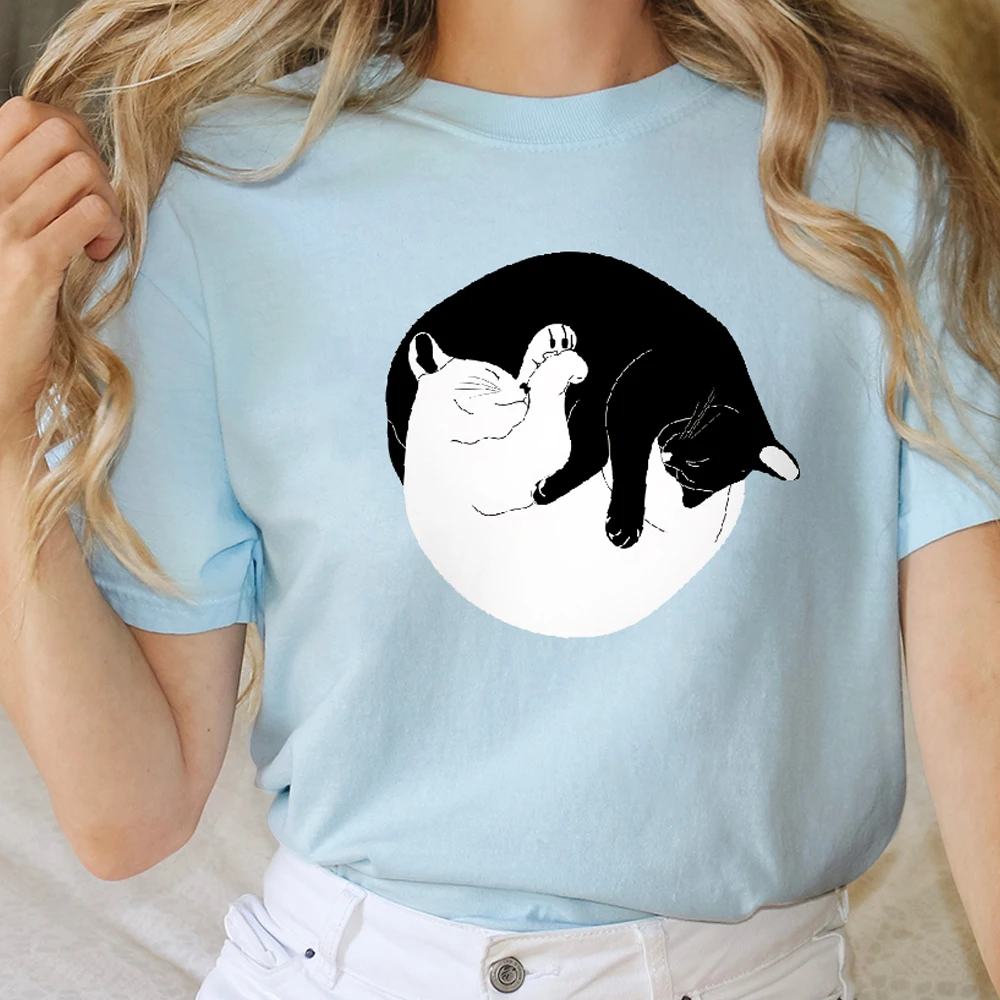 

Y2K Cotton Casual Women's T - Shirt, Short Sleeve Round Neck Cute Black And White Cats Laying Together Adorable Daily Wear Tee