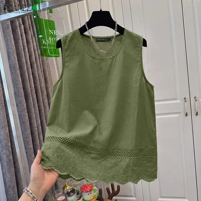 ZANZEA Summer Lace Patchwork Tanks Tops Women Vintage Sleeveless Holiday Blouse Casual Beach Loose Camis Female O Neck Thin Vest