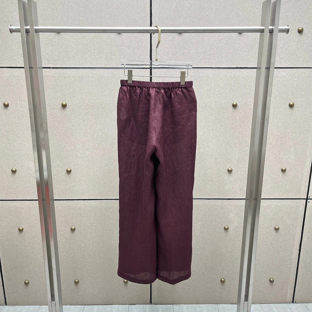100% Linen High Waist Flared Pants for Women Elastic Loose Trousers Casual Summer Breathable Straight Leg with Side Pockets