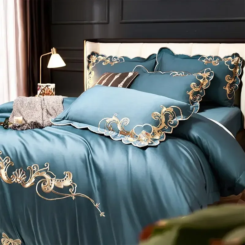 High-End Gold Embroidery Bedding Set Luxury European 4pcs Blue Egypt Cotton Soft Duvet Cover Bed Sheet Pillowcases Home Textile