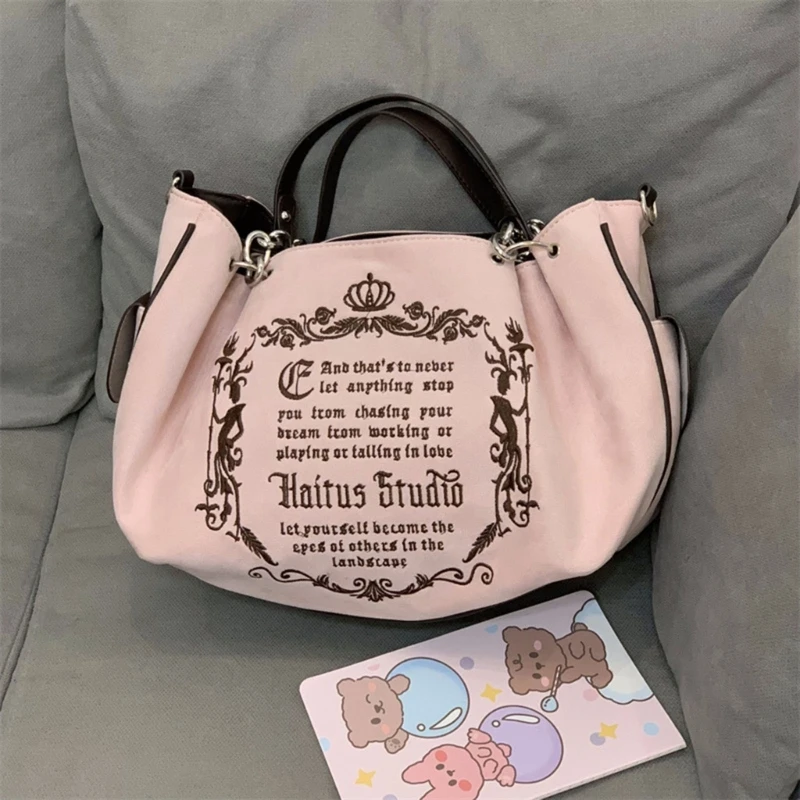 Multifunctional Interior Canvas Pumpkin Shoulder Bag for Women Chain Handle Gothic Letter Embroidery Crossbody Bag