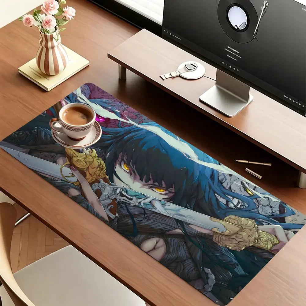 Cool Anime Warrior Girl Holding Giant Blade Floral Border For Laptop Gaming Office Desktop Playmat