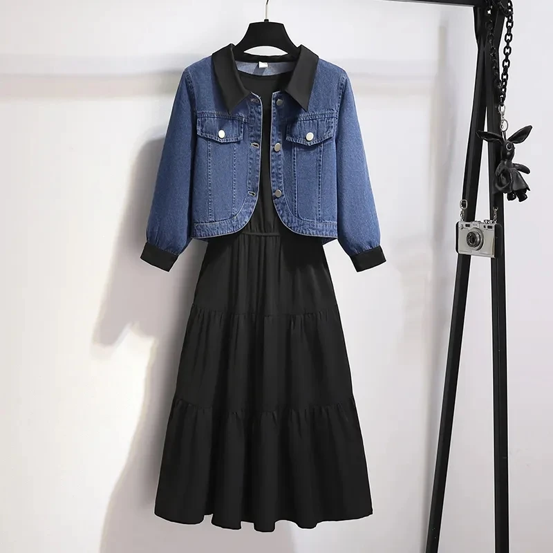 New Spring Autumn Denim Coat Fashion Elegant Slim Short Jeans Jacket Black Suspender Dress Set Women Overalls Strap Dresses 2PCS