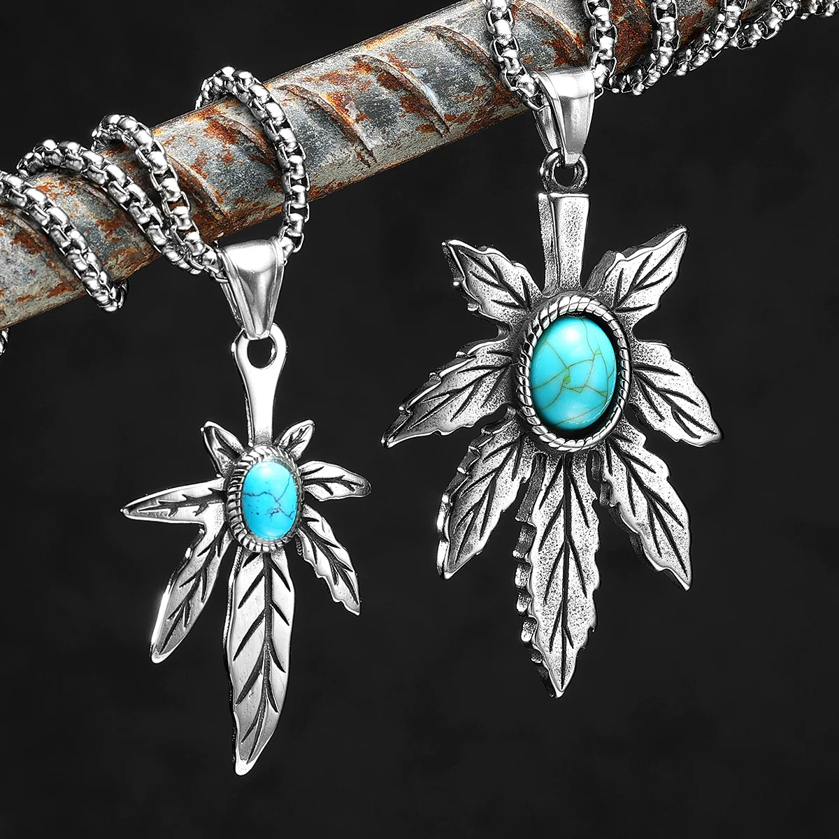 Retro Leave Pendants Men Green Gem Necklaces 316L Stainless Steel Chain Punk Rock Rap Hip Hop for Male Boyfriend Jewelry Gift