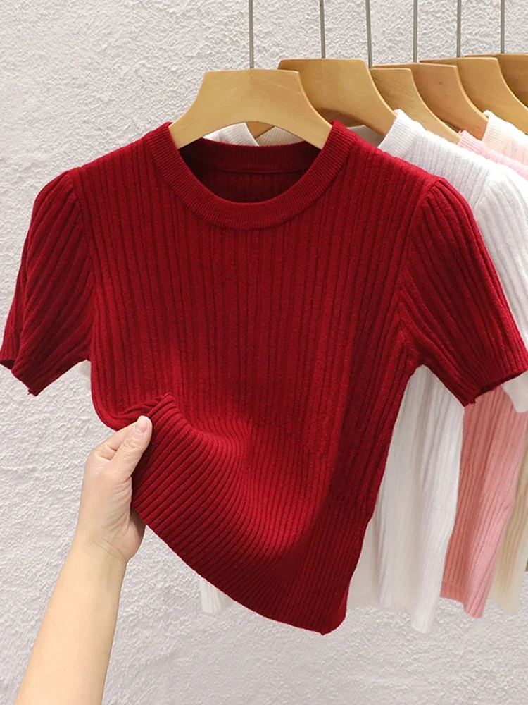 Round neck sweater for women spring summer 2025 new T-shirt design interior knitted sweater pure desire short sleeved top