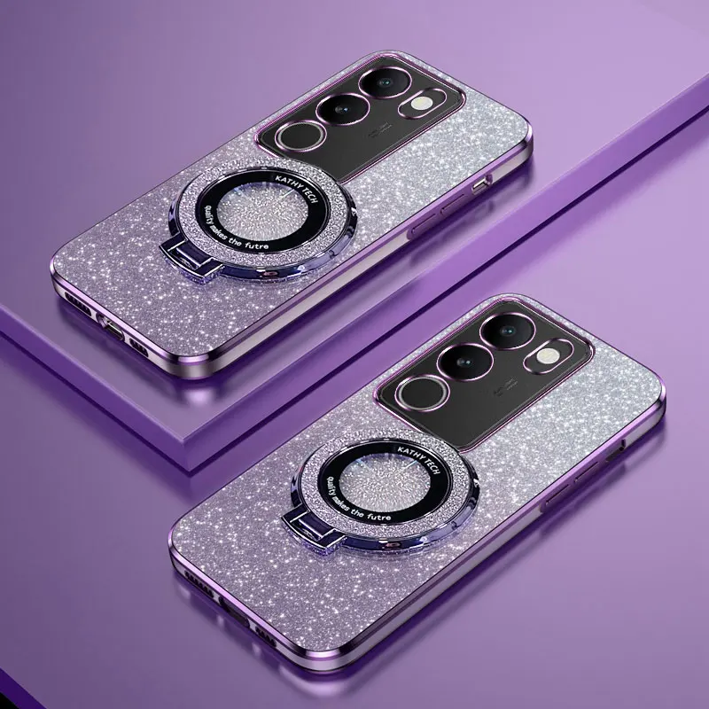 V30 Lite Magnetic Holder Stand Case For Vivo V30 Lite V29 V27 Pro V29E Y78 V21 Luxury Bling Glitter silicone Case Cover On V29