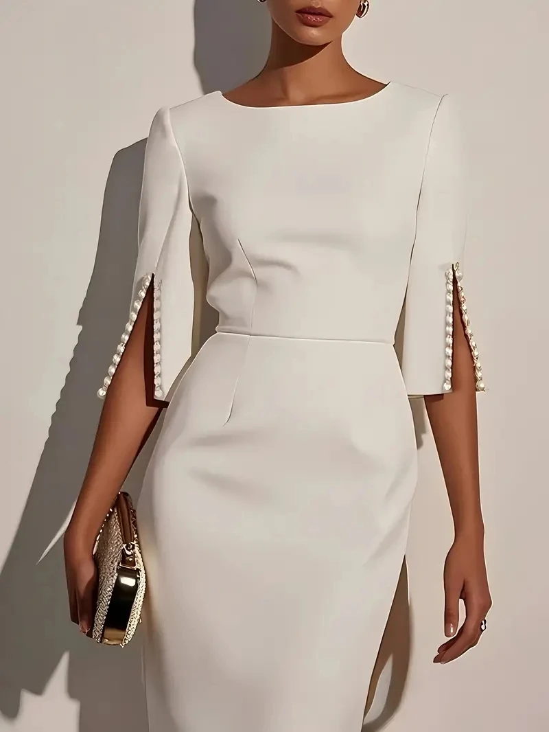 Women's Solid Color Elegant Round Neck Half Sleeve Beaded Decorated Slim Fit Midi Dress