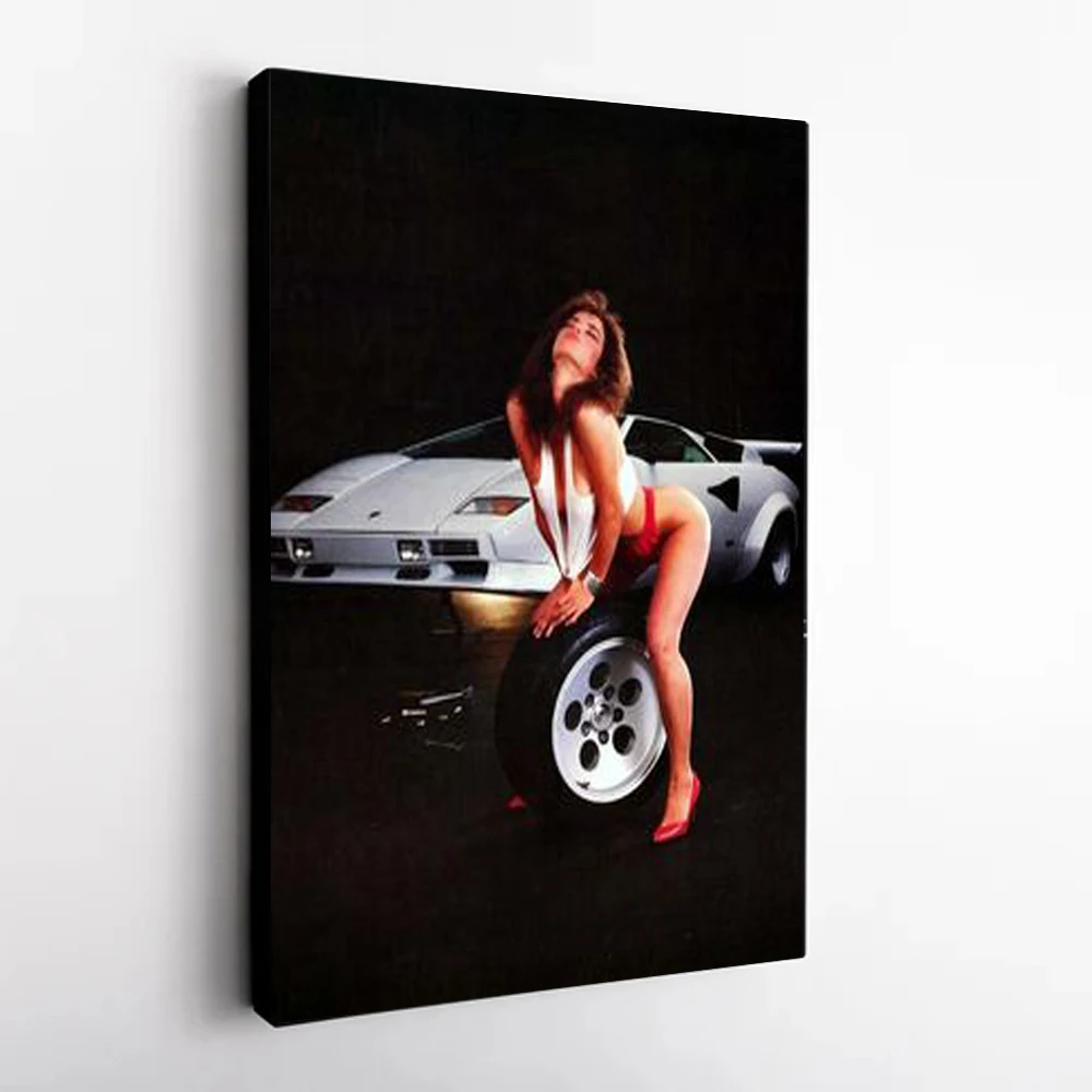 Vintage Pit Stop Babe Poster 1986 Lamborgini Flat Tire Canvas Prints Car Wall Art Painting for Living Room Home Decoration