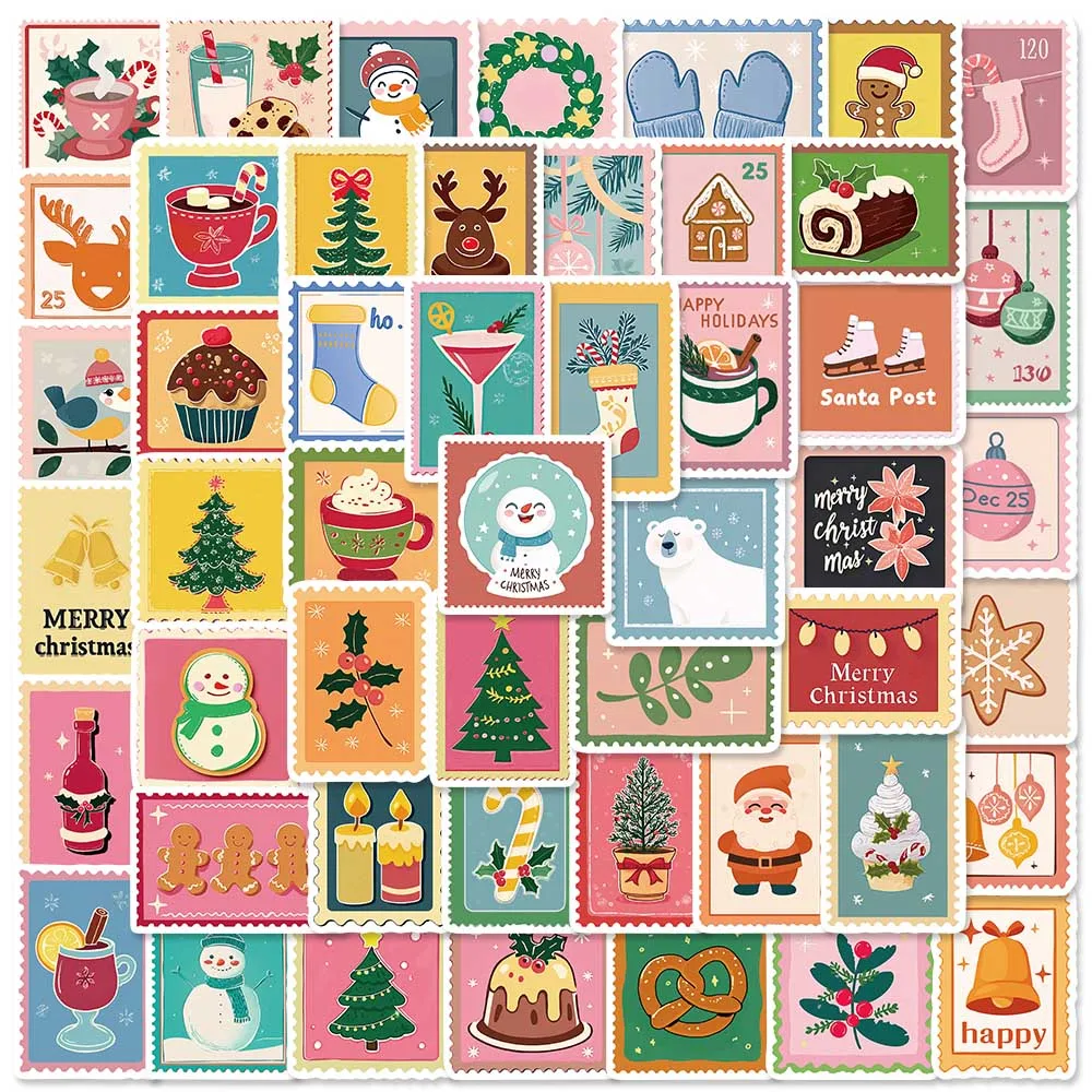 50 Stück Stempel, ästhetische Vintage-Weihnachtsaufkleber, Weihnachtsmann-Baum, Cartoon, niedliche Aufkleber für Sammelalbum, Grußkarten, Weihnachtsgeschenk