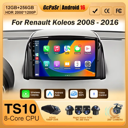 Para Renault Koleos 2008 - 2016 Carplay inalámbrico Android Auto Multimedia estéreo Radio de coche reproductor de vídeo navegación GPS BT NO 2din