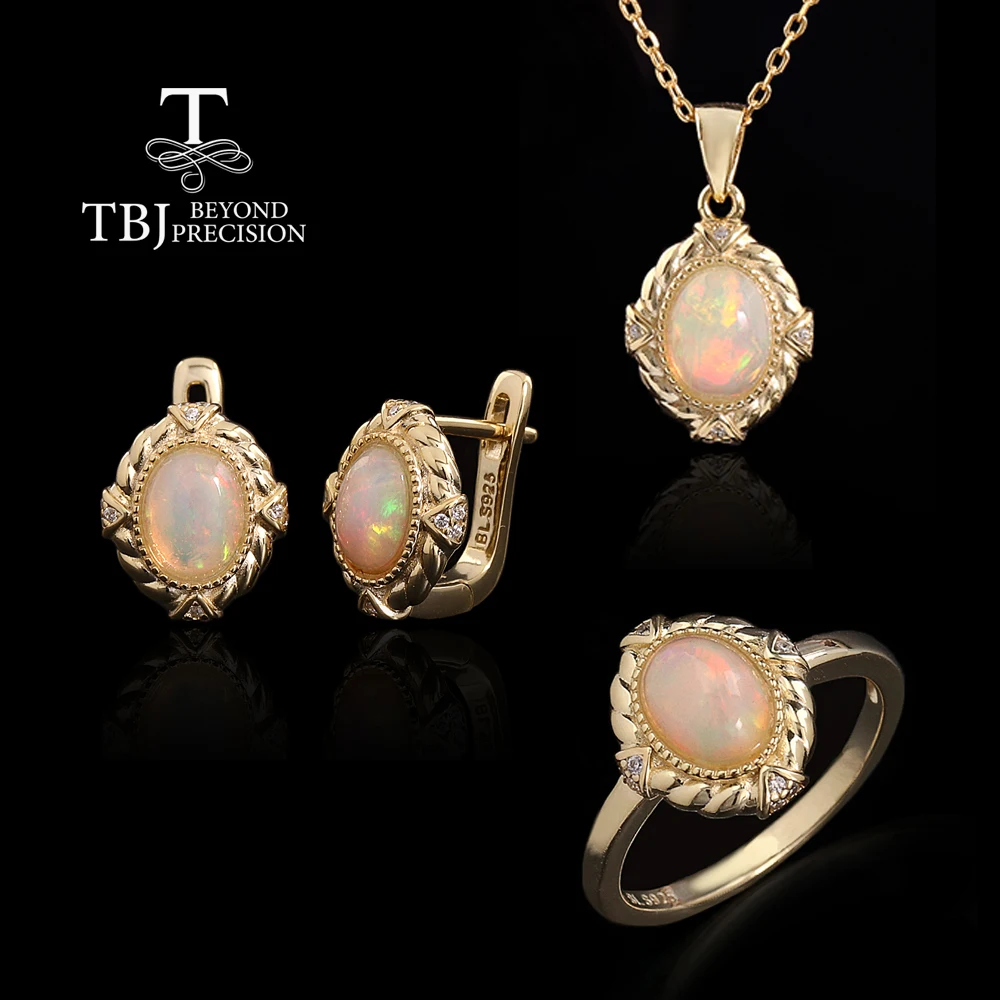 

Light Luxury Natural Ethiopia Opal Ring Earrings Pendant Necklace 925 sterling silver fine women's jewelry Set for birthday gift
