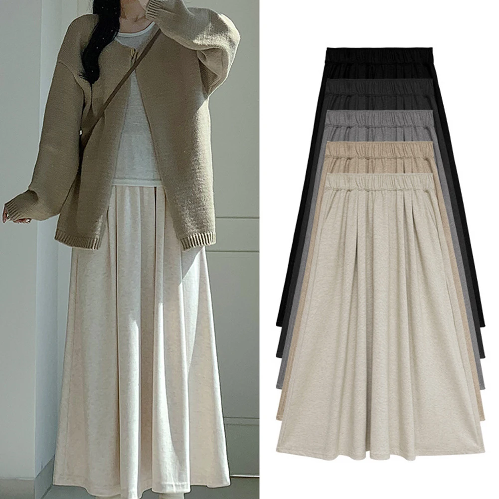 Black High Waist Skirt High Waist Loose Skirt Leisure Skirt Slight Elastic Fabric Solid Color Pattern Suitable For Vacation