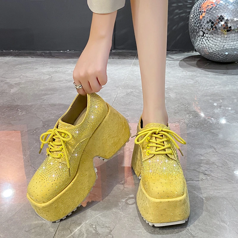 High Top Spring Black Women Shoes New Style Fashion 9.5CM Platform Shoes Platforms Sneakers Tide Shine Bling Rhinestone Shoes