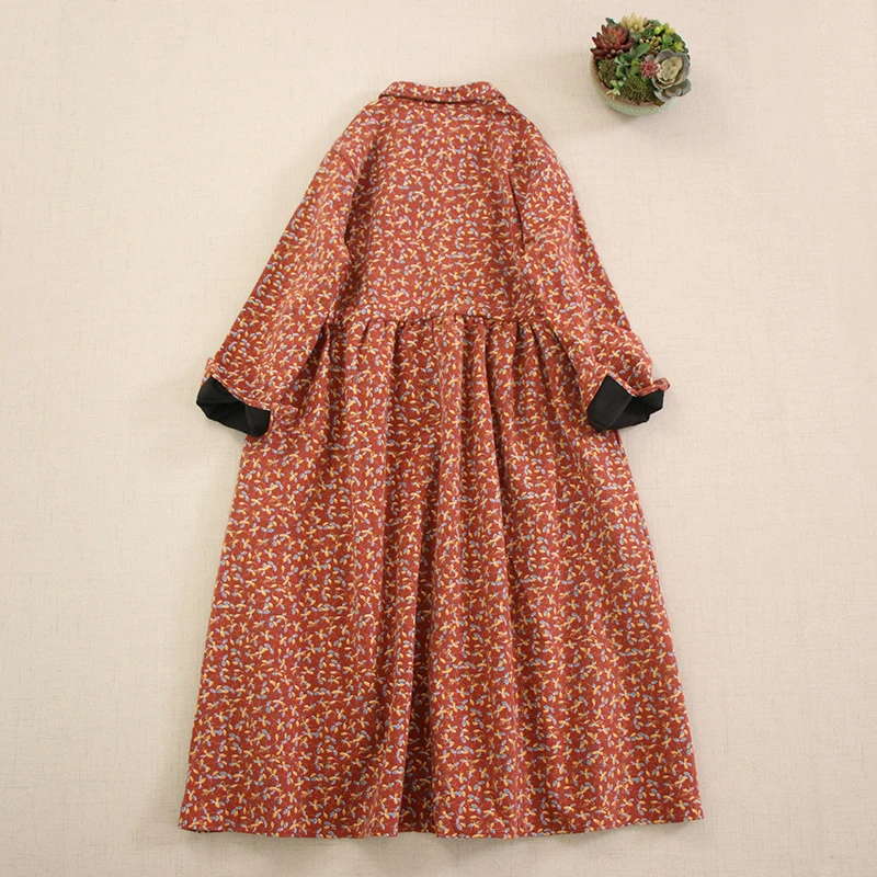 Japanese Sweet Mori Girl Vintage Floral Print Thicken Fleece Dress Women Autumn Winter Turn Down Collar Long Sleeve Casual Dress