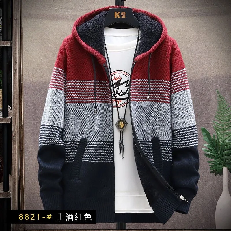 Men\'s Fashion Autumn Winter Plaid Sweater Hooded Cold Coat Men Casual High Quality Zipper Fleece Warm Top Knitted Jacket Coat