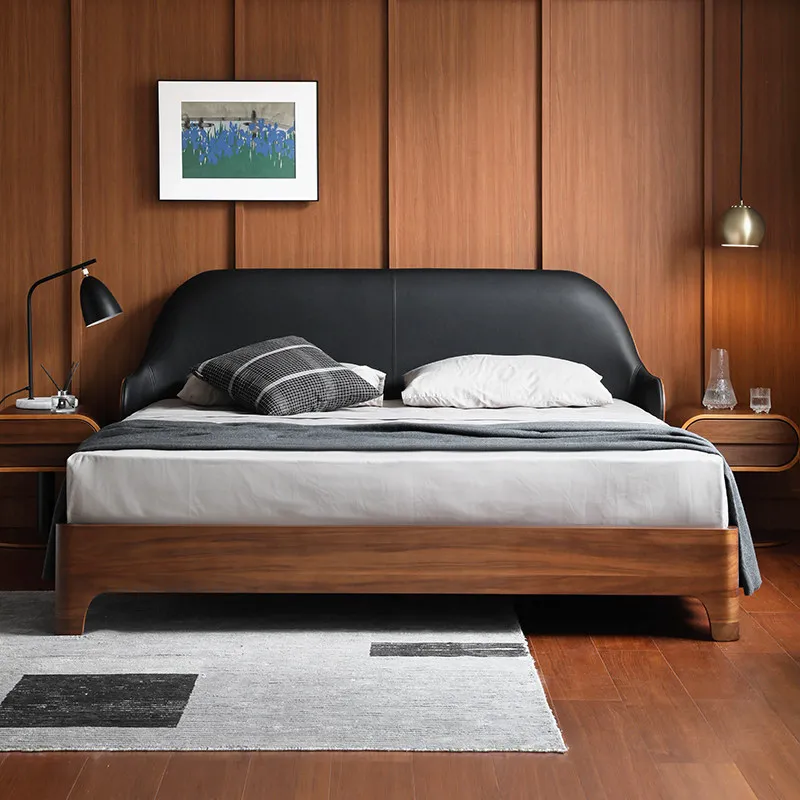 

Medieval retro style leather curved wood soft master bedroom double bed