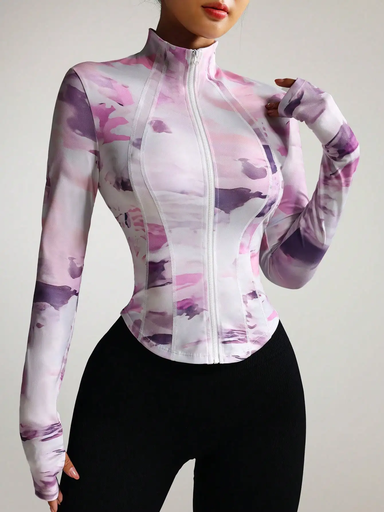 

Women's Pink Purple Watercolor Print Long Sleeve Zip Front Fitted Workout Jacket