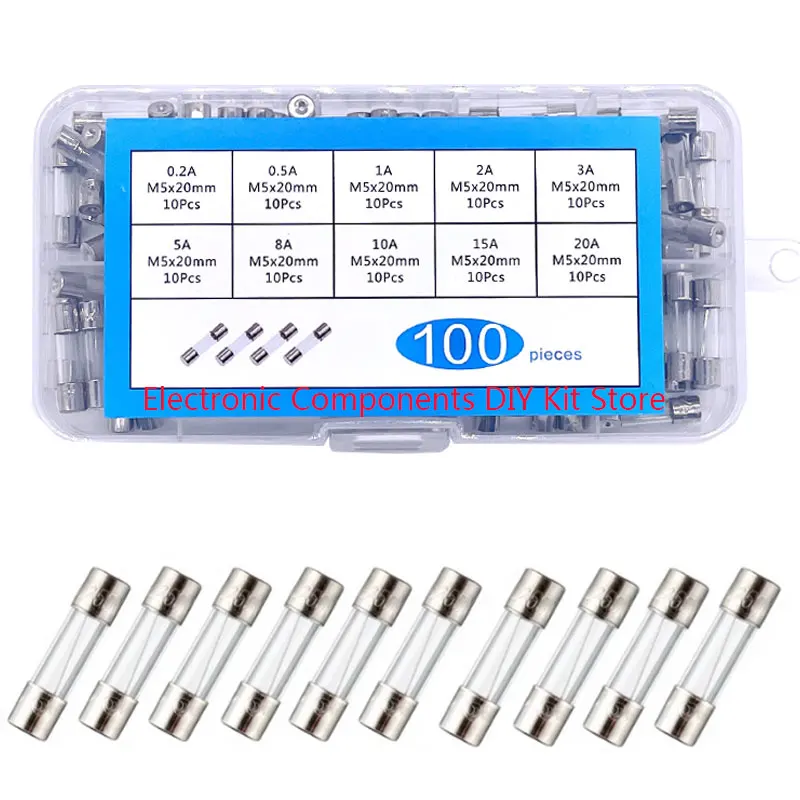 10 kinds of fuses 100PCS box 5x20mm fast blow glass fuse 0.2A/0.5/1/2/3/5/8/10/15/20A 250v common fuse mixed box