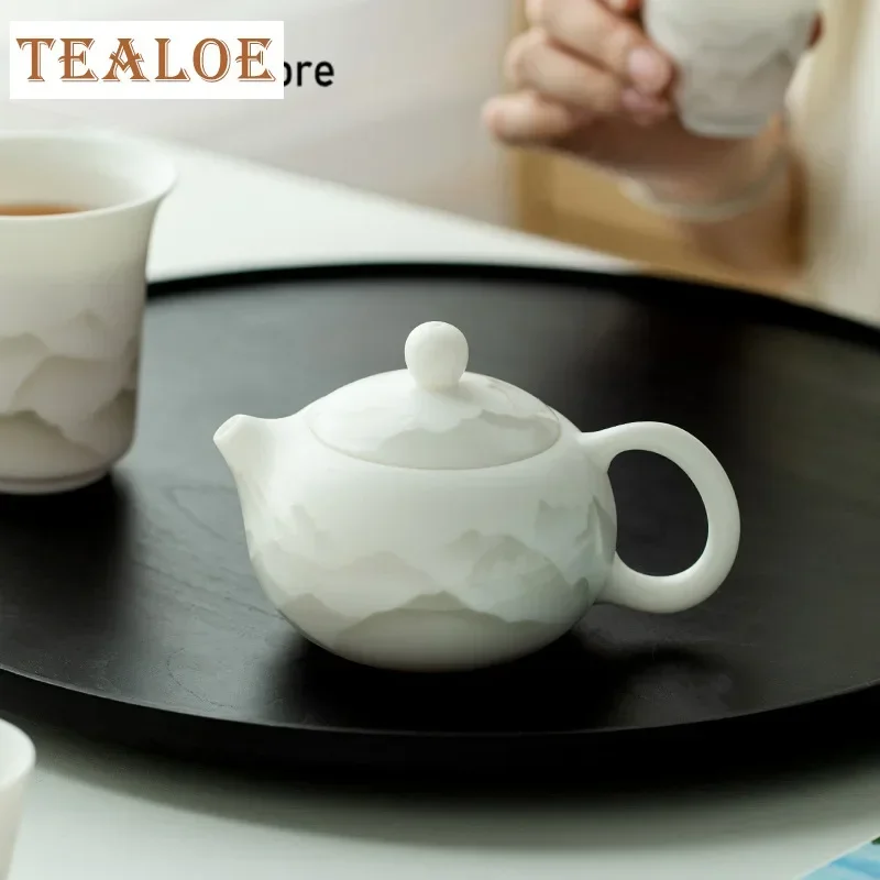 200ml High Grade Sushao Mutton-fat Jade Xishi Teapot Aesthetic Landscape White Porcelain Pot Tea Soaking Kettle with Filter Gift