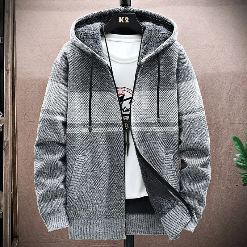 

2024 Autumn Winter Fleece Warm Men Hooded Cardigan Knitted Sweatercoat Casual Splicing Color Knitting Jacket Coat Men Clothing