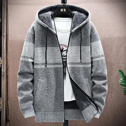 2024 Autumn Winter Fleece Warm Men Hooded Cardigan Knitted Sweatercoat Casual Splicing Color Knitting Jacket Coat Men Clothing