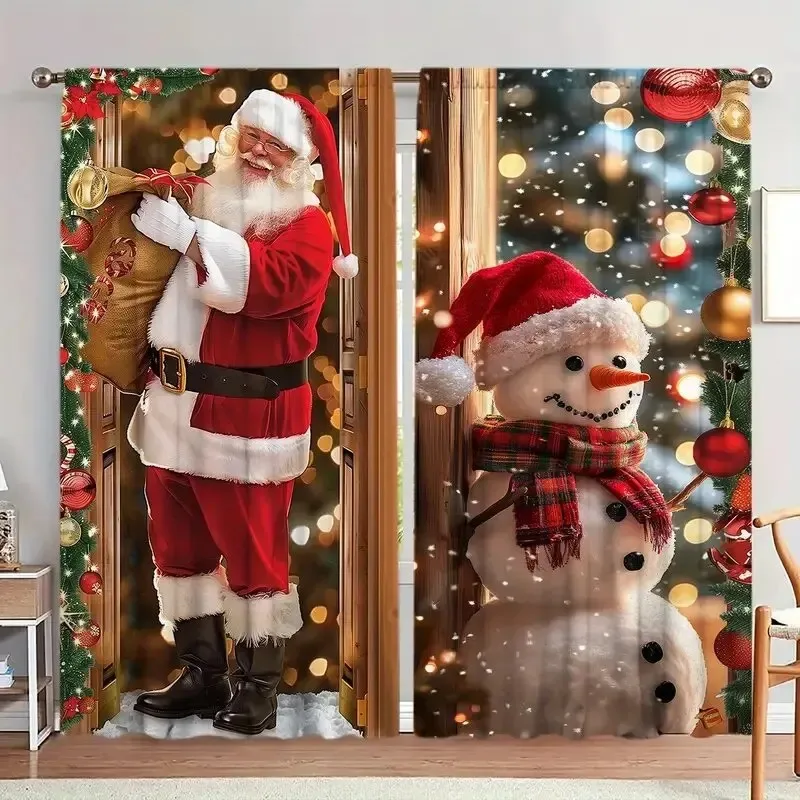 2PCS Christmas Curtains Santa Claus Snowman Door Frame Fairy Light Digital Print Drapes for Living Room Bedroom Holiday Decor