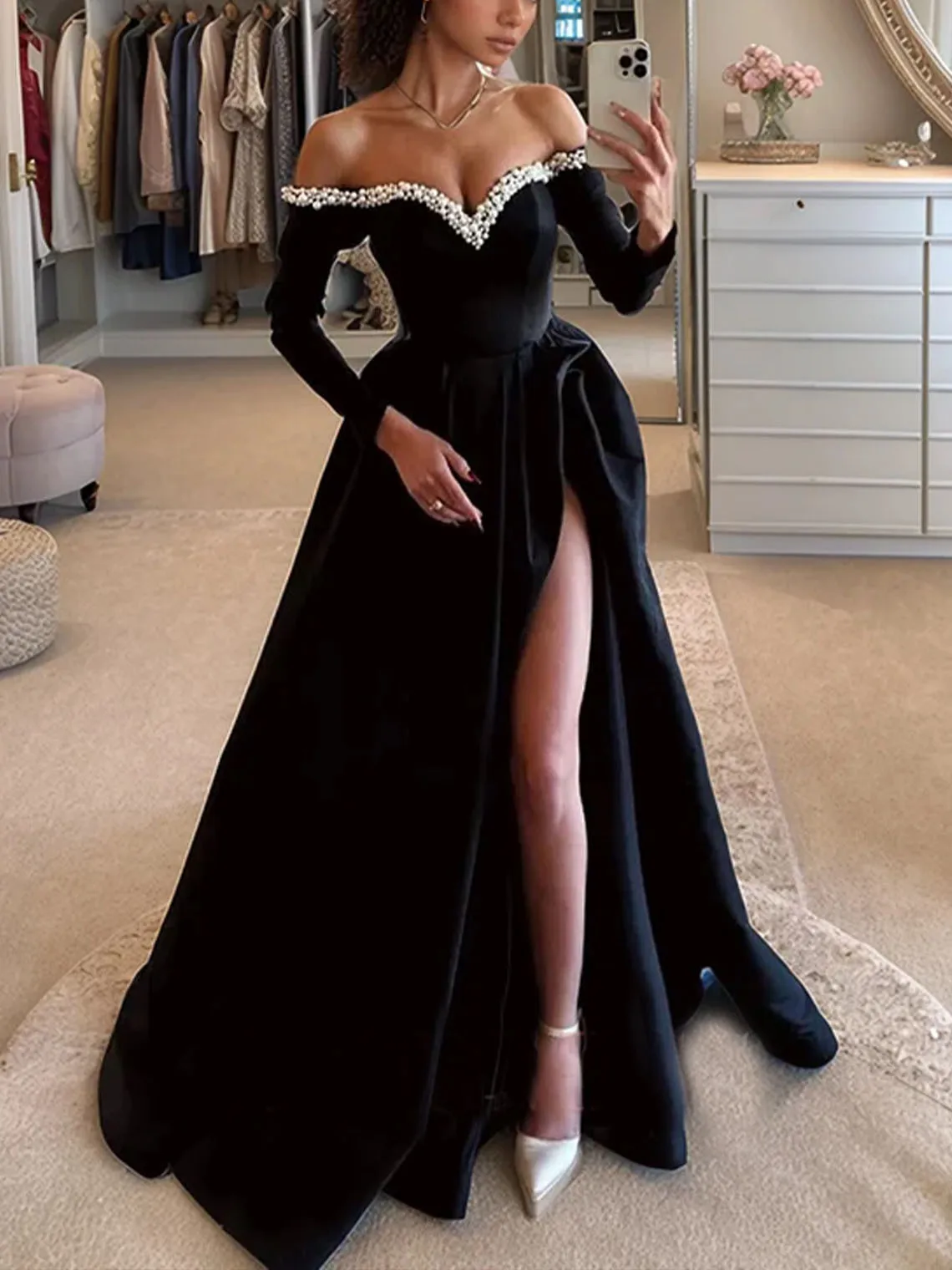 

Elegant Off the Shoulder Satin A-line Prom Dress Long Sleeve Floor-Length Party Gown Ruffles and Beading 2025 free customized
