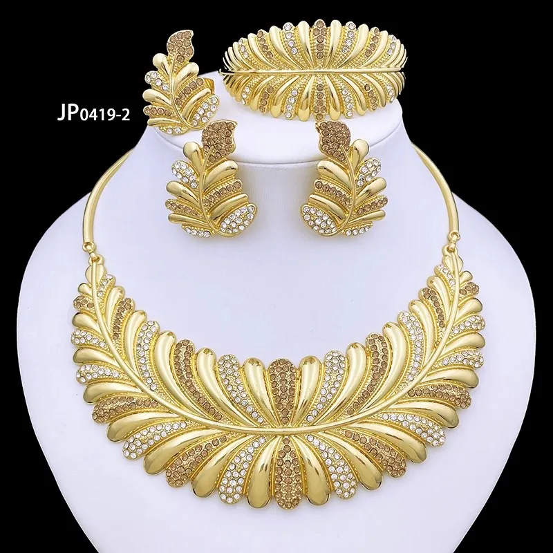 

Italian Gold Color Jewelry Set For Women Dubai Nigeria Party Jewelry Full Set Plant Pattern Necklace Earrings Bracelet And Ring