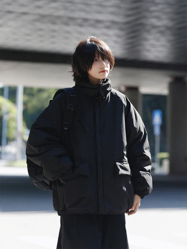 

Retro Japanese Sle Thiened Stand Collar Workwear Cotton Jaet Men's Winter Warm Neutral Loose Casual Cotton Coat