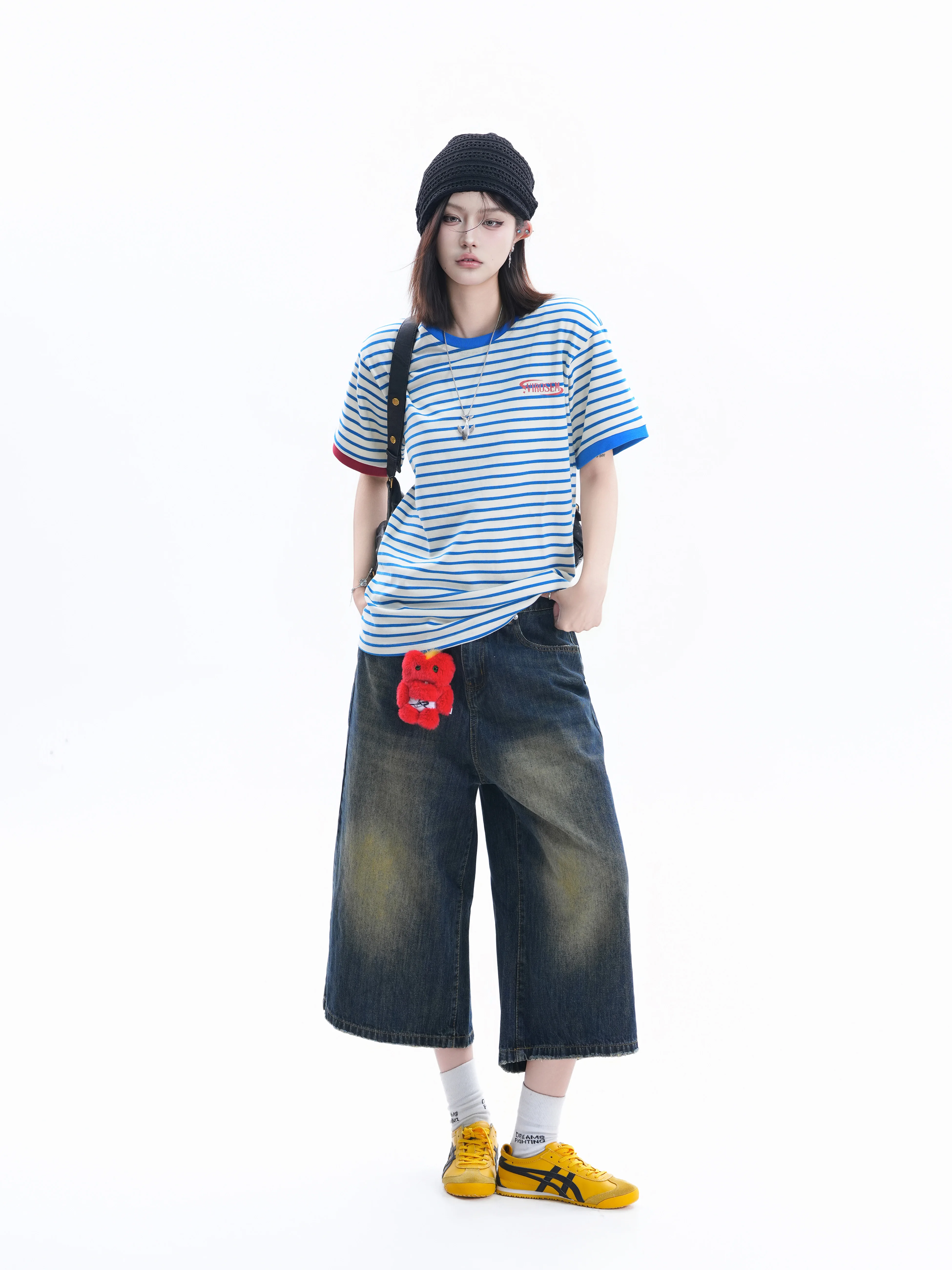 

Retro American Striped Loose Shoulder T-Shirt Women's Color Block Short Sleeve Top Couple Fashion Casual Cotton round Neck