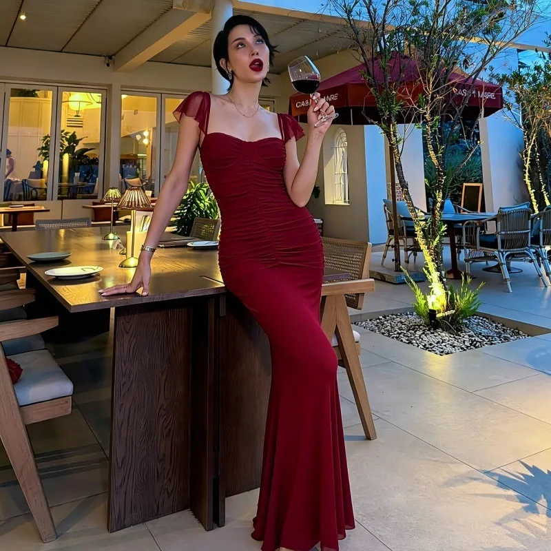 Bandeau Cami Mermaid Dress Women Backless Waist Cinched Ruched Mesh Evening Party Dress