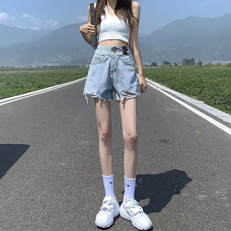 Mode Loch Denim Shorts Frauen Streetwear sexy hohe Taille eine Linie Shorts Sommer Harajuku Retro Letter Print Hip Hop Hot pants