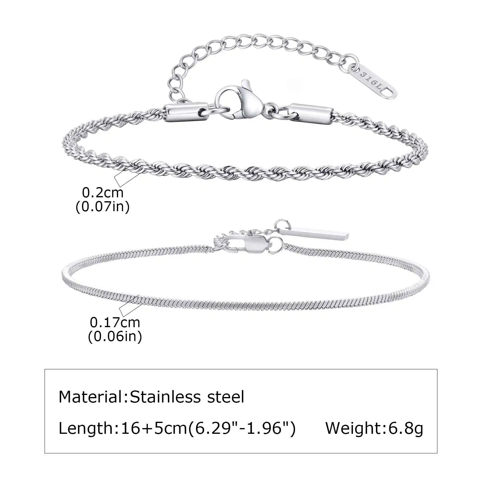 2 Stück Edelstahl-Kettenarmband für Männer und Frauen, wasserdichtes, silberfarbenes, dünnes Kettenarmband, trendiges Unisex-Metallketten-Geschenk – Detail 1
