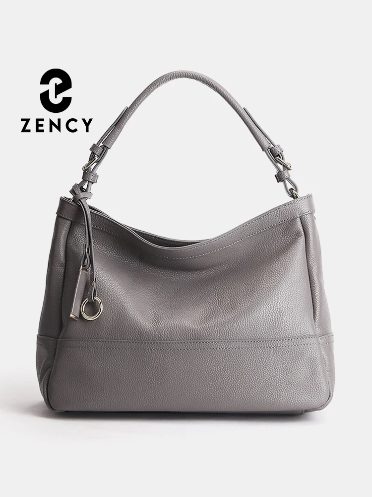 Zency Genuine Leather Hobo Bag For Women Grey Purse New Fashion Shoulder Bag OL Handbags For Commuter Mother Gift Choice