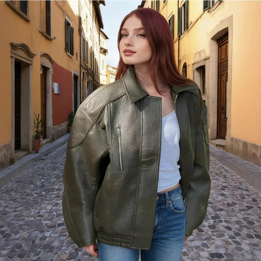 2025 Autumn Winter New Women Short Turn Down Collar PU Leather Jacket Loose Casual Retro Style Multi Color Options