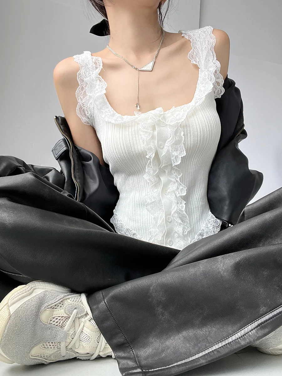 MianCun Pure Desire White Flower Lace Knitted Open Cardigan Women's Outerwear Short Style Commute Fashion Button Element