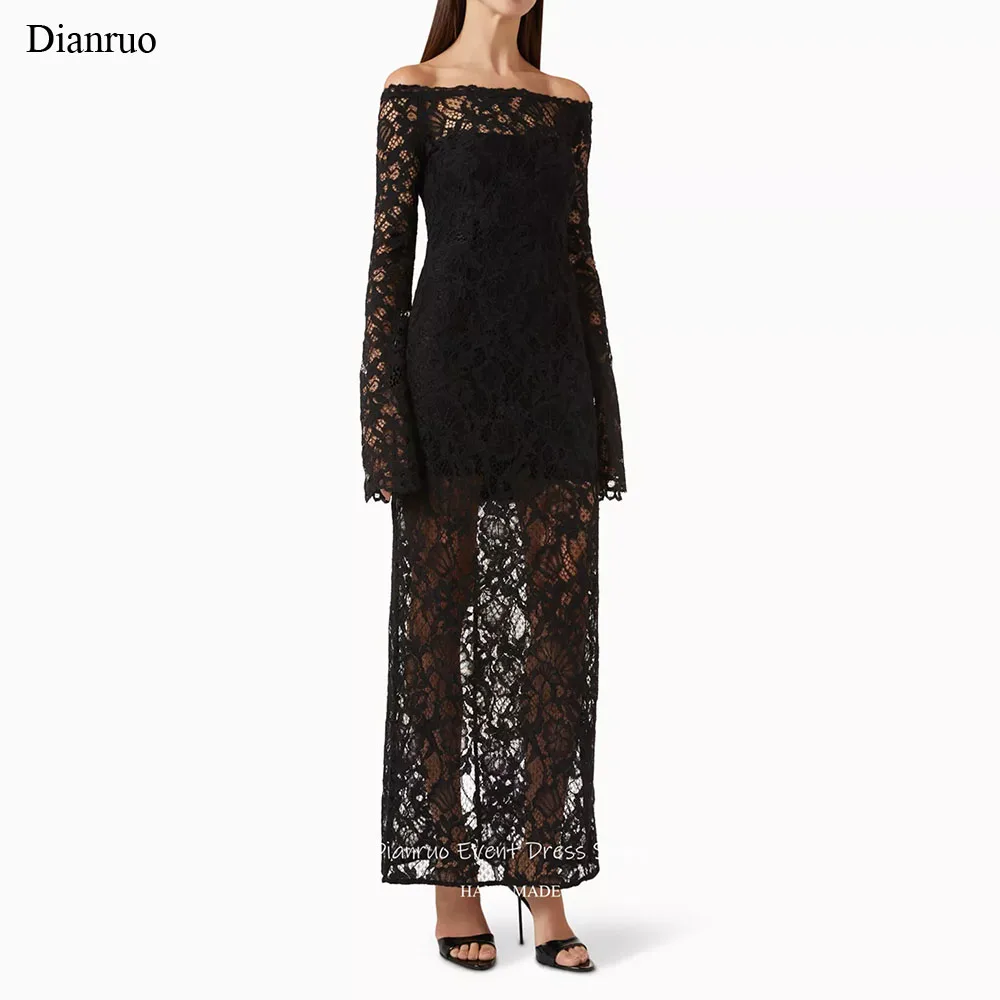 เดียนรู อิลลูชั่นชุดราตรีลูกไม้สีดำปิดไหล่แอพพลิเคชันเดรส เดอ โนเวียเซ็กซี่ยาวชุดโอกาสพิเศษที่กำหนดเอง