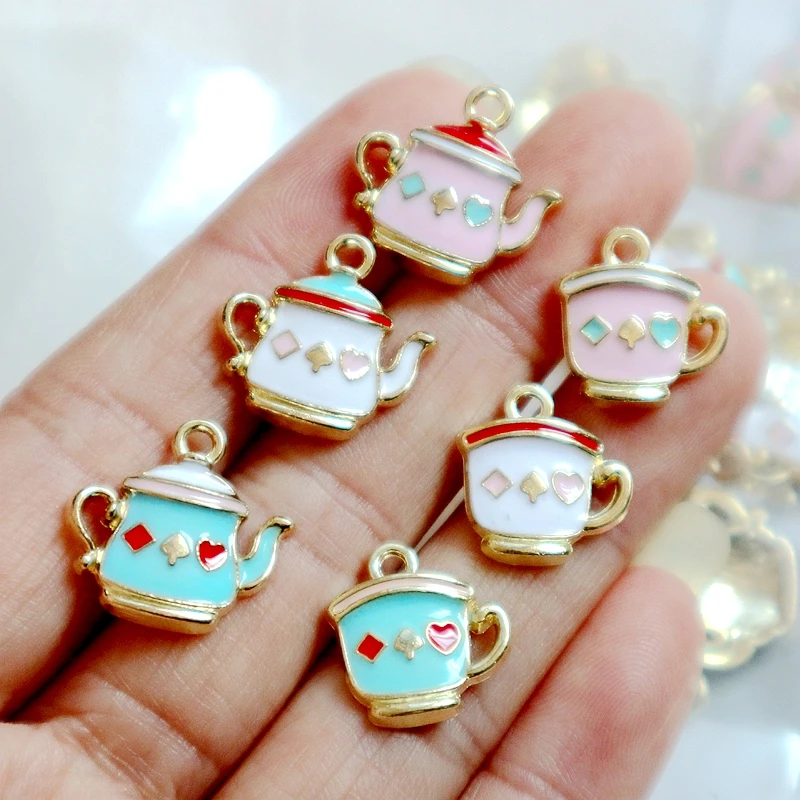 10PCS Colorful Tea Cup And Tea Pot Alloy Enamel Pendant Love Shiny Charm DIY Necklace Bracelet Earring Keychain Accessories