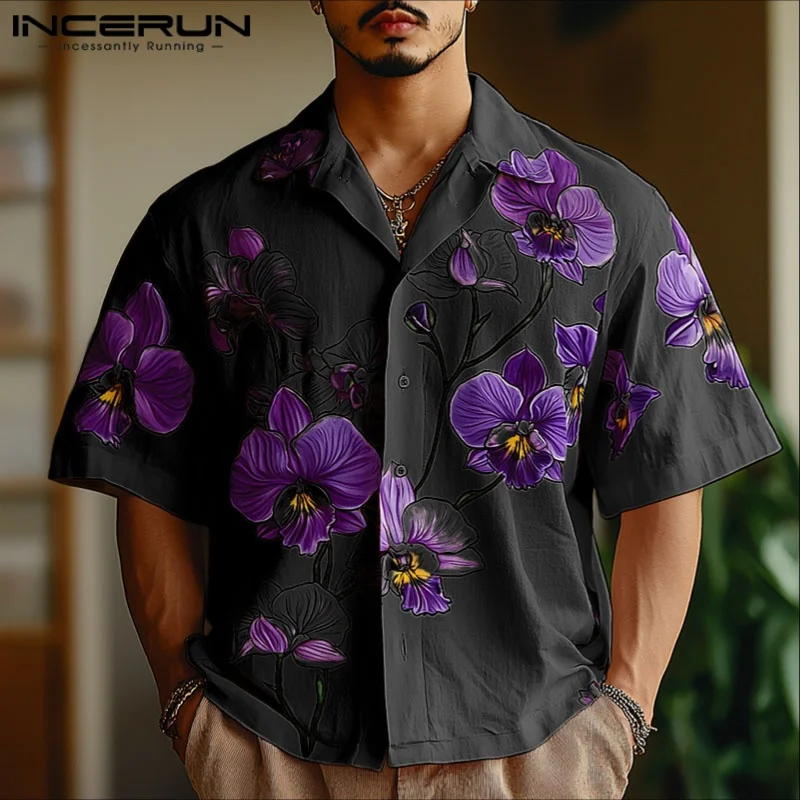 

INCERUN Men Shirt Flower Printing Lapel Short Sleeve Button Casual Men Clothing Streetwear Loose 2025 Fashion Male Shirts S-5XL