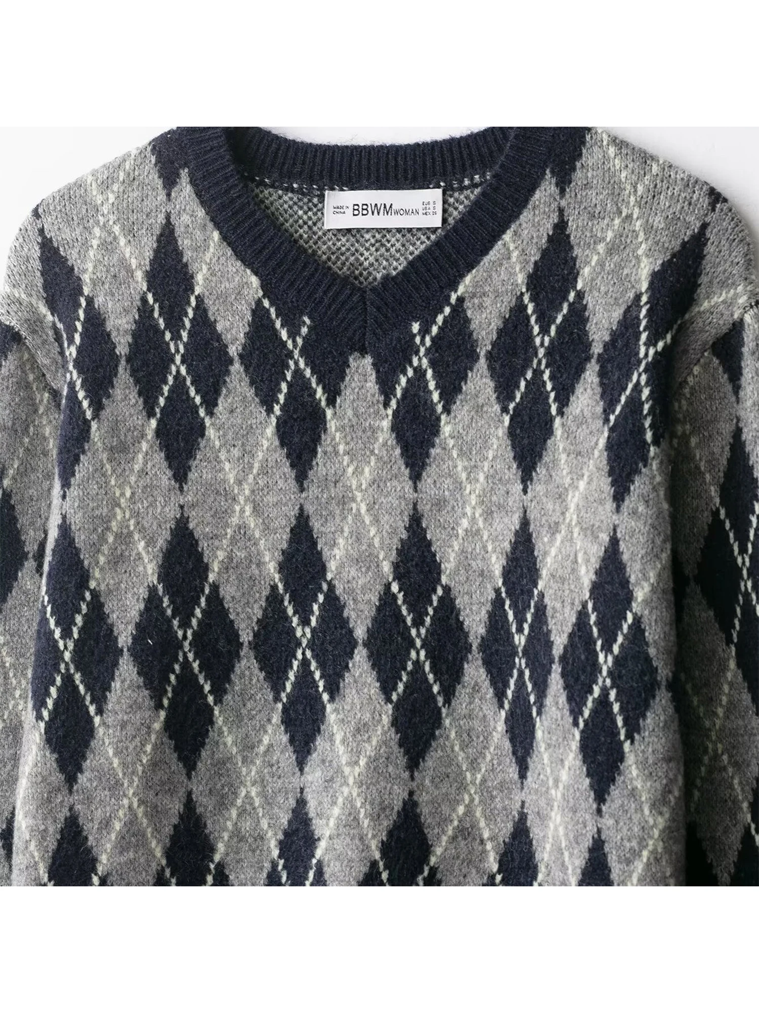 Women's Grey Plaid Pullover Sweater Vintage Preppy Style Jumper Knit V-Neck Long Sleeves Checked Sweater Autumn 2000s Clothes