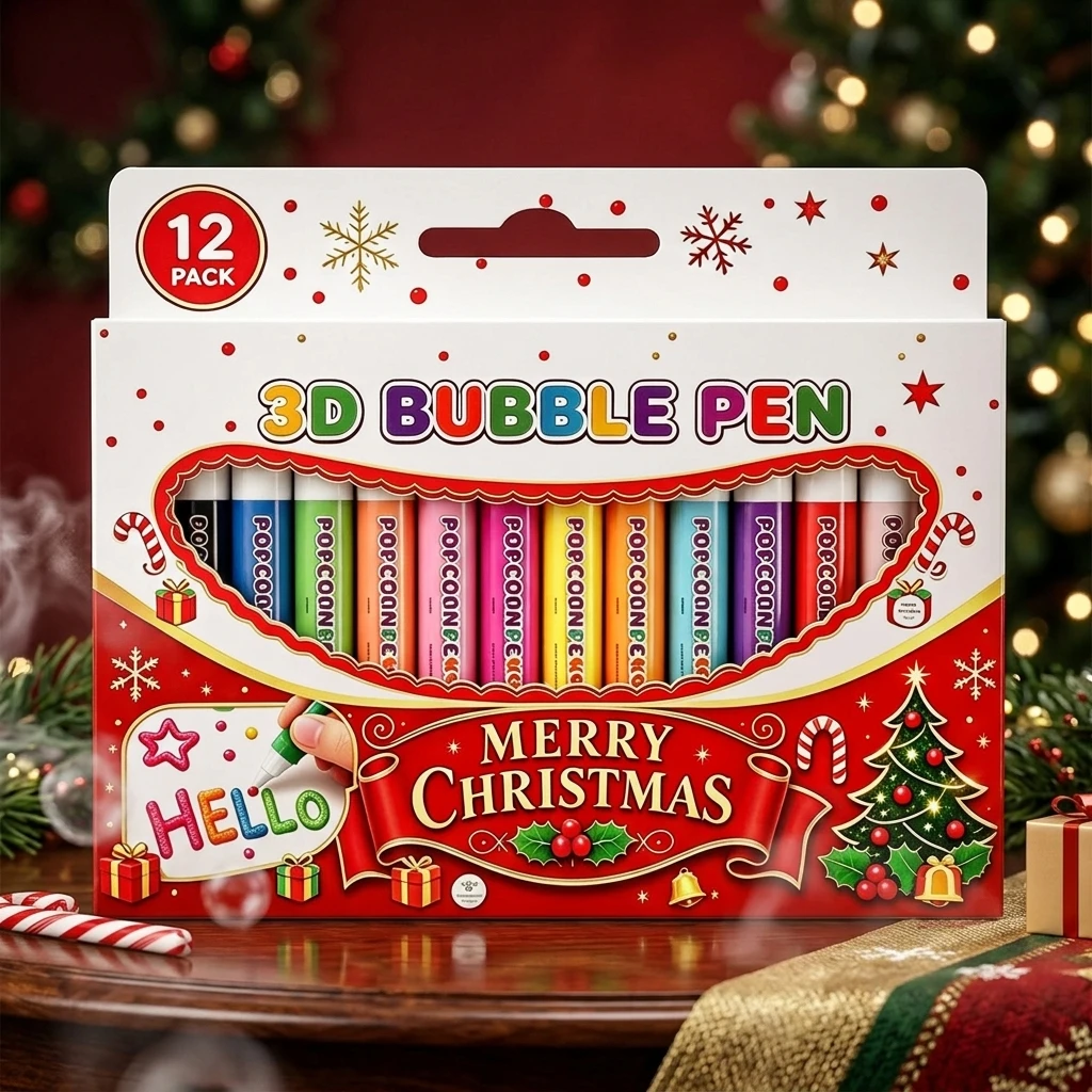 3D Bubble Pens Colorful Art Markers for Kids Water-color Pen Set 12 Colors Water Based Ink Merry Christmas Gift for Children