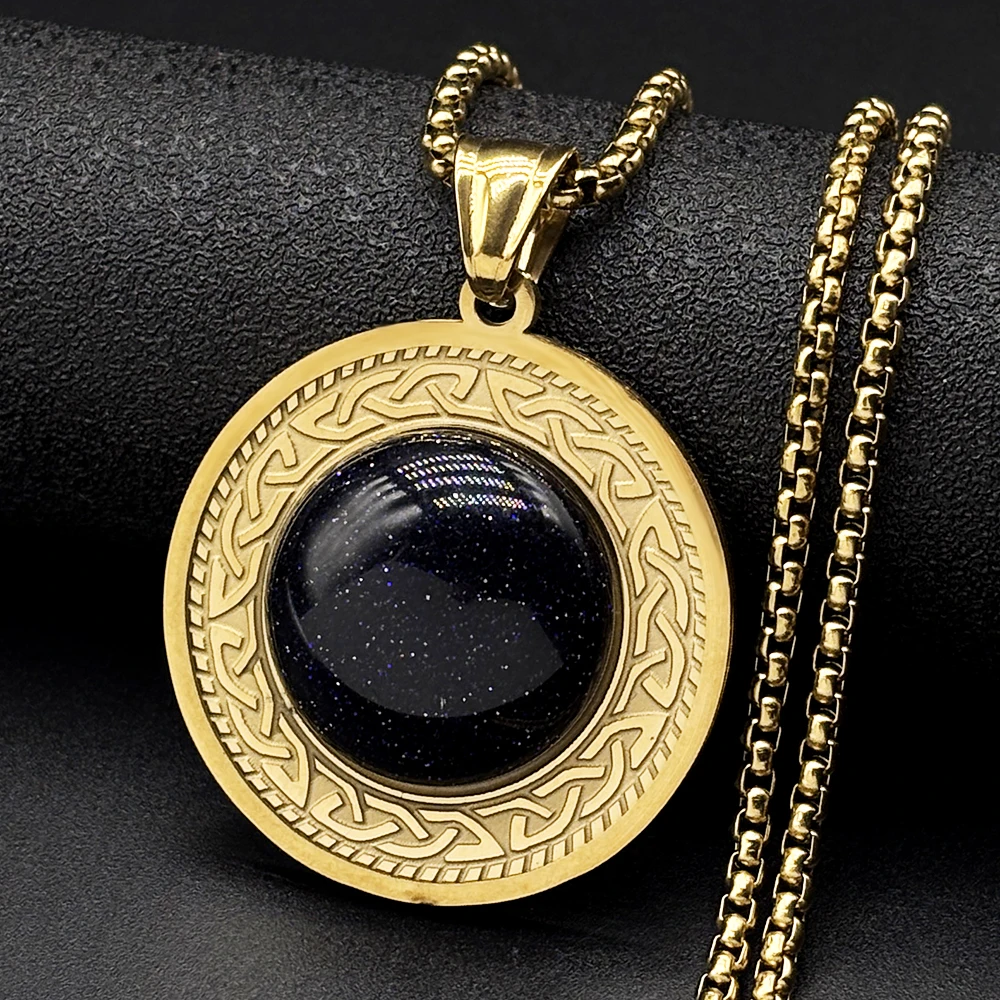 Witch Celtic Irish Knot Tiger Eye Stainless Steel Gold Color Round Pendant Necklaces for Women Men Natural Stone Chain Jewelry - view 3